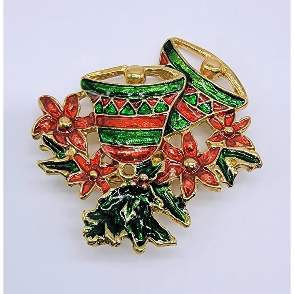 Christmas Poinsettia Brooch Pin Bells Enamel Gold Tone Red Green Holiday
